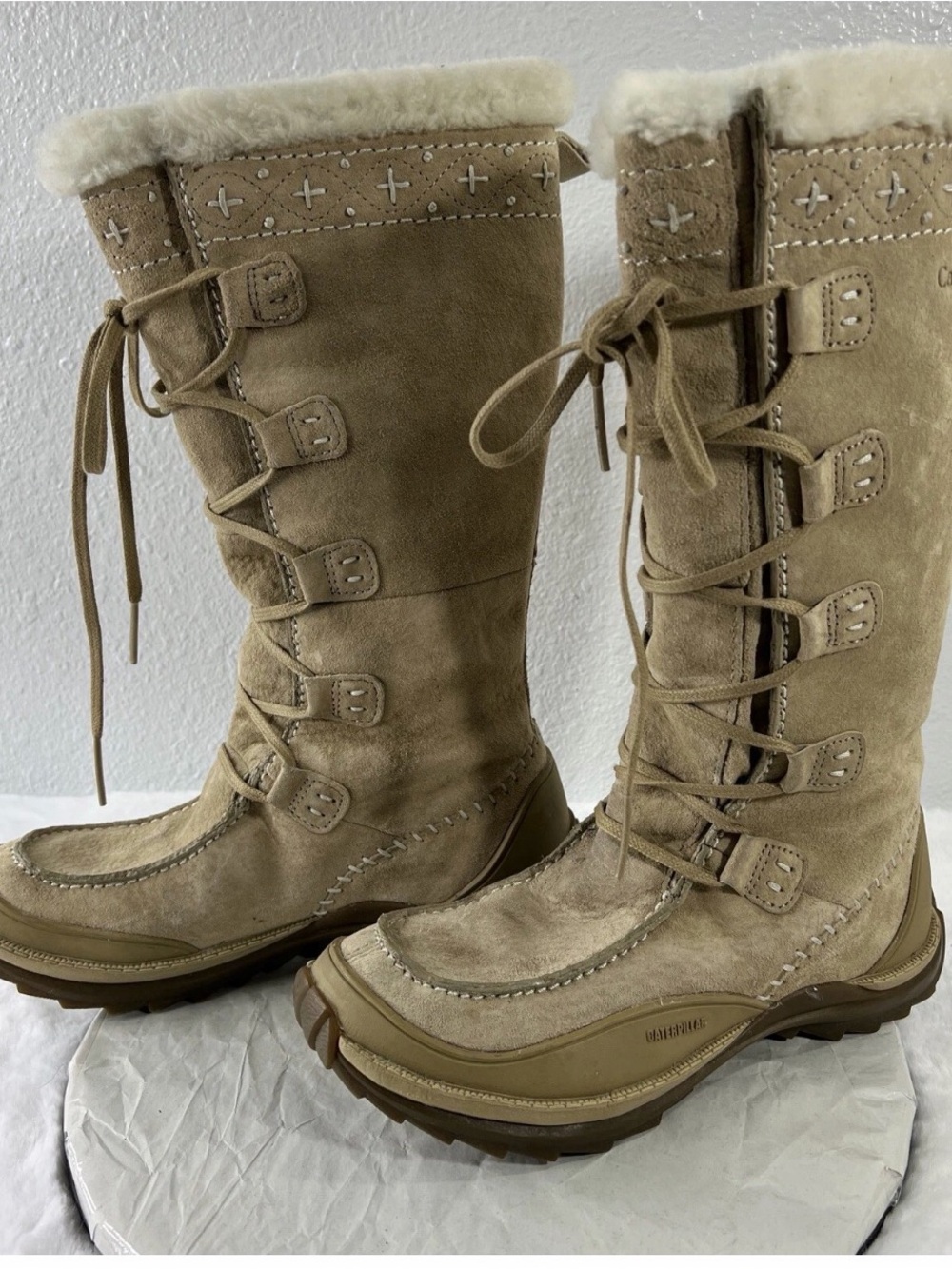 Caterpillar Beige Suede Knee-High Lace-Up Winter Boots with Faux Fur Trim